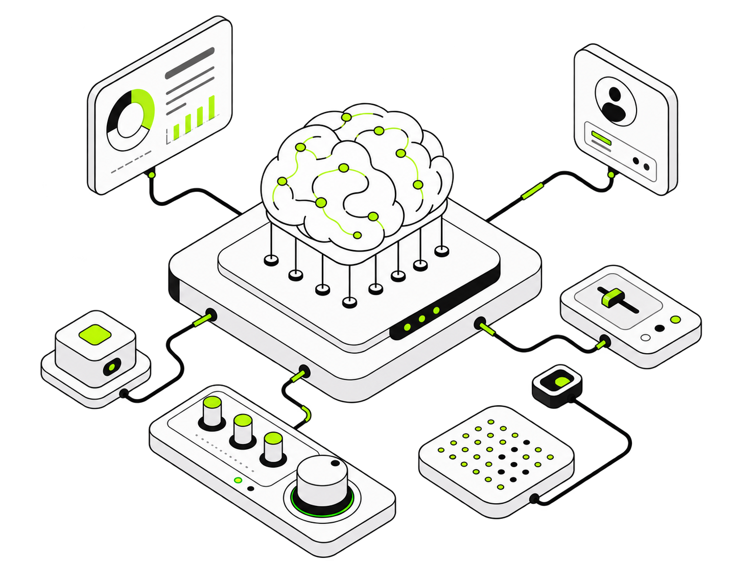 Isometric illustration of an AI core connected to dashboards, devices and data modules
